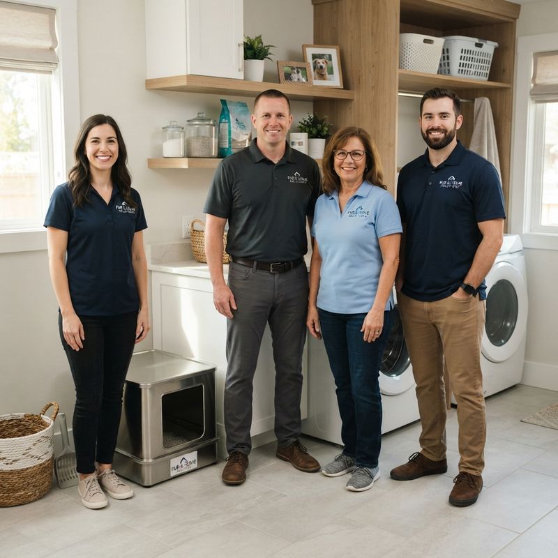 Tripamin stainless steel litter trays in a tidy home laundry room