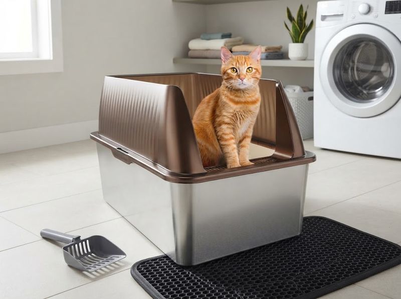 Tripamin XL Stainless Steel Litter Box Enclosure with the top lid and entry step