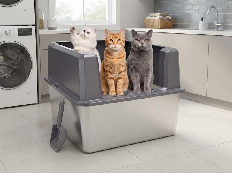 Tripamin XXL Stainless Steel Litter Box sized for a large long-haired cat