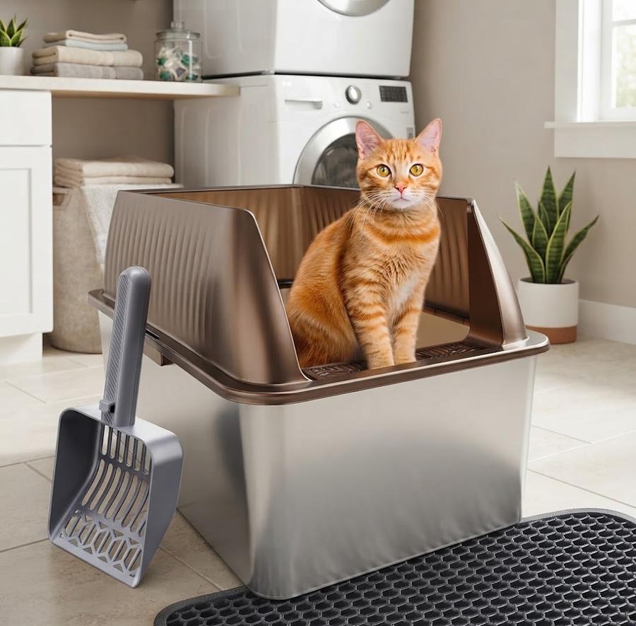 Tripamin XL Stainless Steel Litter Box Enclosure standing flat on a tile floor